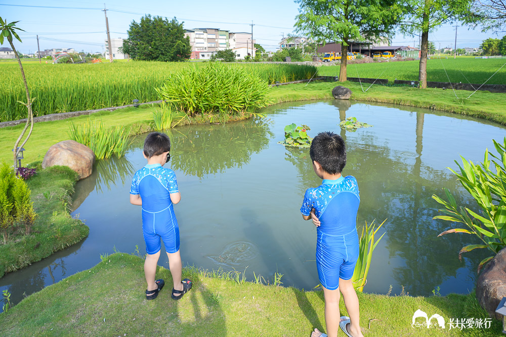 竹間民宿魚池，孩子好奇往池裡張望